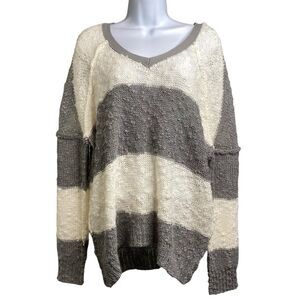 Elan‎ Womens Cream Gray Striped Sweater Size L Slouchy Oversized Boho Lagom